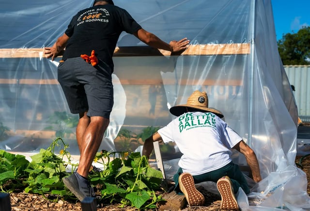 Two people building a greenhouse in a garden, reflecting the practical support from hosting international volunteers