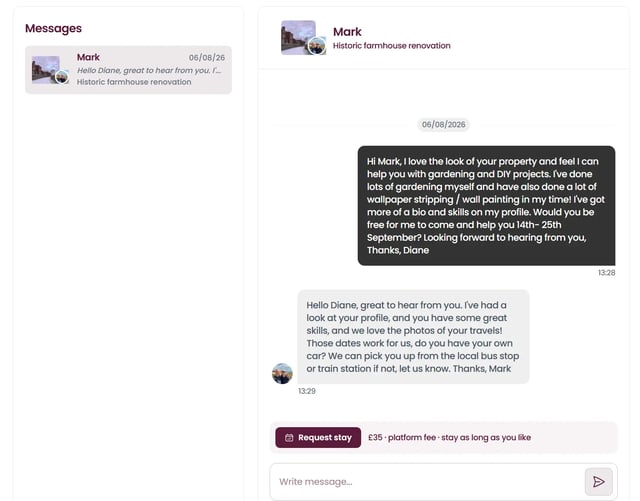 Screenshot of a host and volunteer messaging inbox conversation